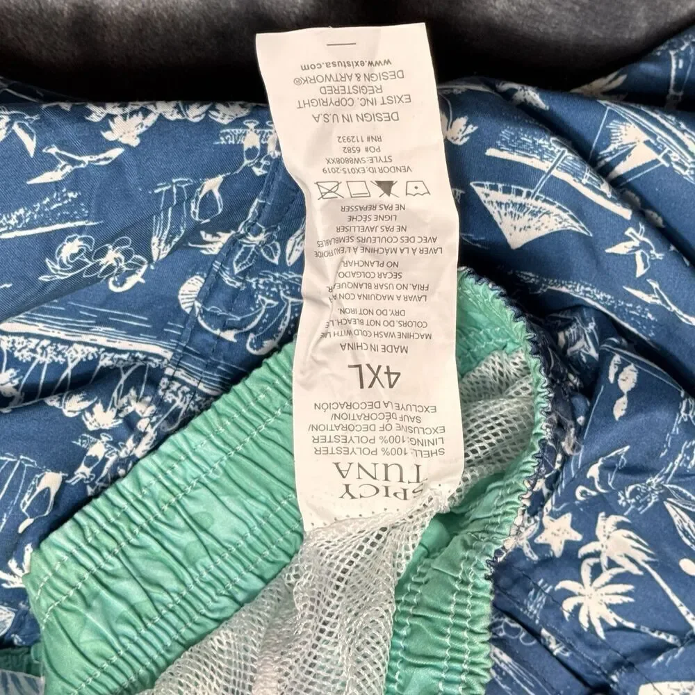 SPICY TUNA Sz 4XL Sailboat Surf Ocean Beach Life Palm Tree Swim Trunk Drawstring